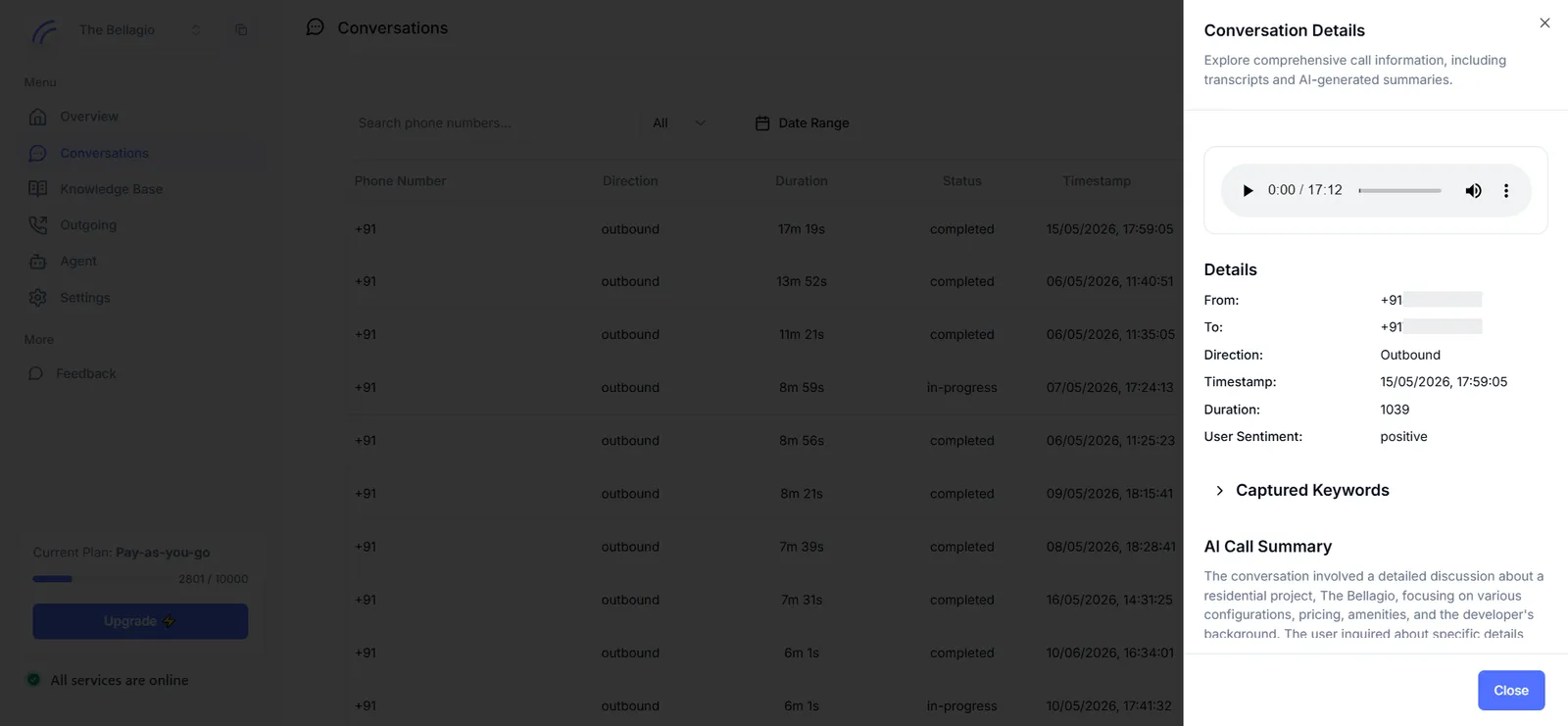 Conversations page showing a table of call records with phone number, direction, duration, status, and timestamp