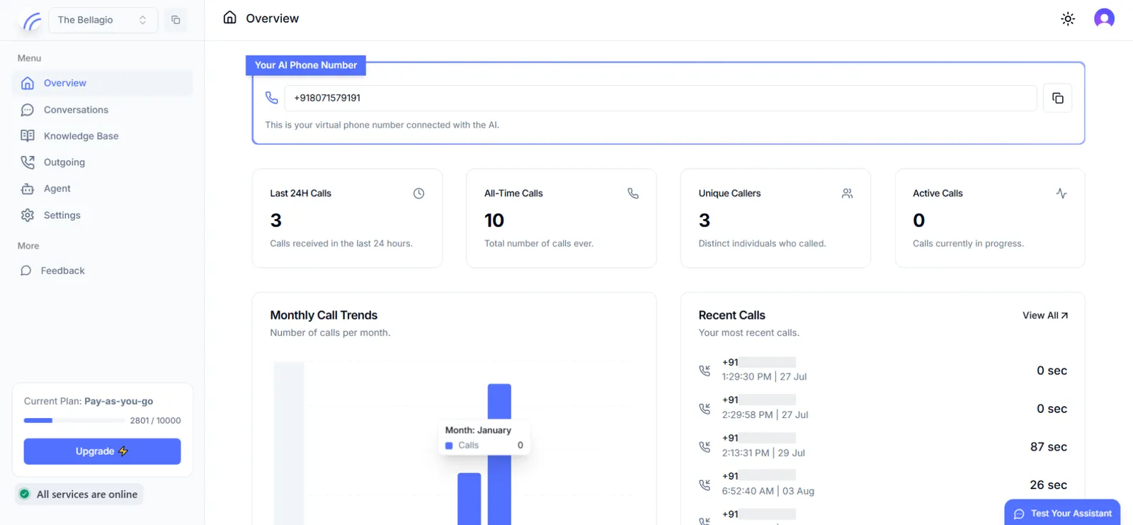 HollrAI dashboard overview page showing the account's virtual phone number, call volume metrics, and recent calls