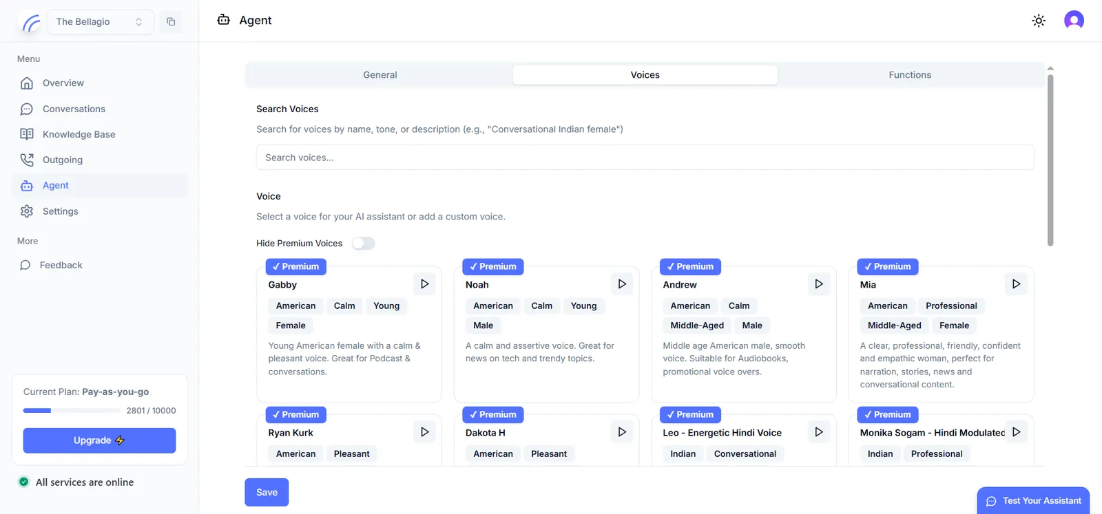 Agent Voices tab showing a searchable catalog of voice options with descriptive tags